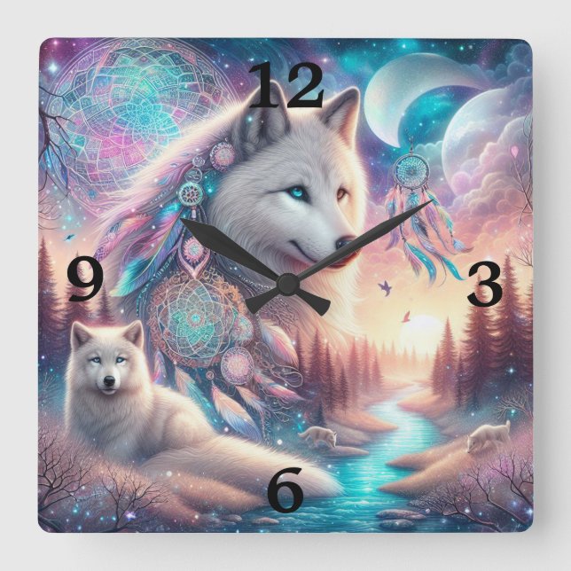 Bohemian Style Wolf and Dreamcatchers Square Wall Clock (Front)