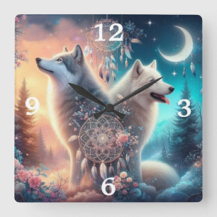 Bohemian Style Wolf and Dreamcatchers Square Wall Clock