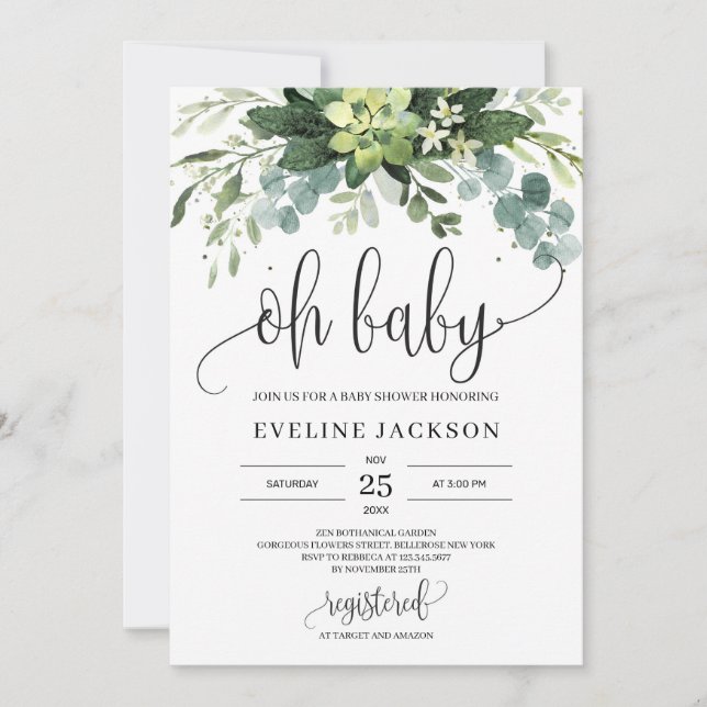 Bohemian succulent leaves floral oh baby shower invitation (Front)