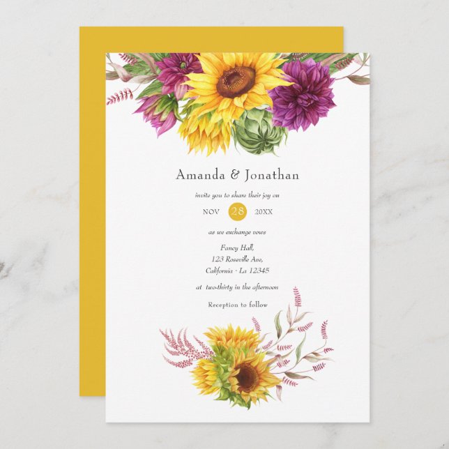 Bohemian Sun and Burgundy Plum Floral Wedding Invitation (Front/Back)