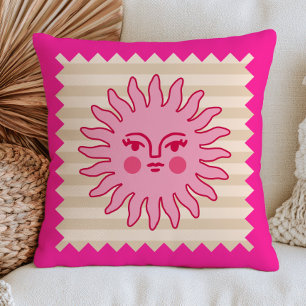 Bohemian Sun Face on Beige Stripes Fuchsia Pink Cushion