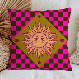 Bohemian Sun Face on Fuchsia Chequered Pattern Cushion