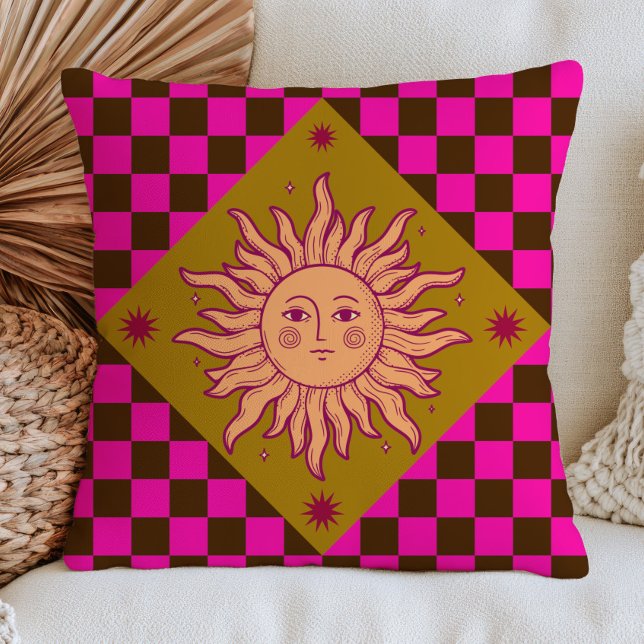 Bohemian Sun Face on Fuchsia Chequered Pattern Cushion (Creator Uploaded)