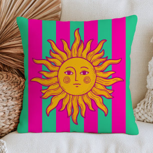 Bohemian Sun on Fuchsia Pink& Green Stripes Retro Cushion