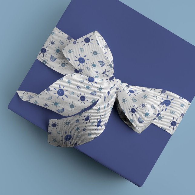 Bohemian Sunshines and Rainbows in Blue Grosgrain Ribbon (Blue watercolor sunshines and rainbows ribbon)