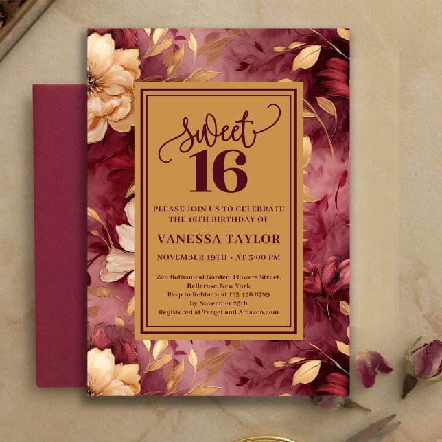Bohemian Sweet 16 Burgundy Blush Floral Invite (Bohemian Sweet 16 Burgundy Blush Floral Invite)