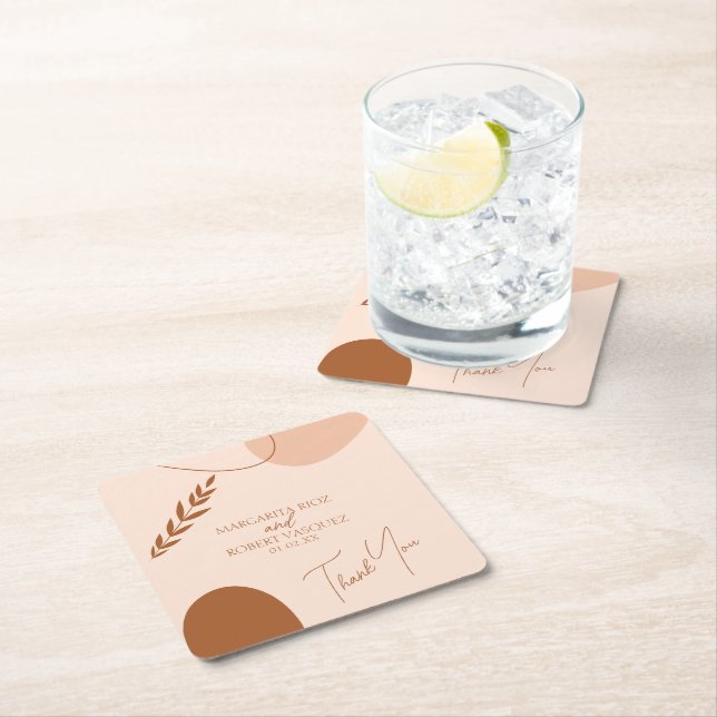 Bohemian Tan Brown Wedding Couples Thank You   Square Paper Coaster (Insitu)