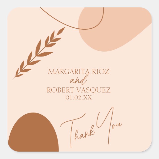 Bohemian Tan Brown Wedding Couples Thank You Square Sticker (Front)