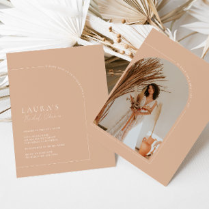Bohemian Tan Minimalist Arch Photo Bridal Shower Invitation