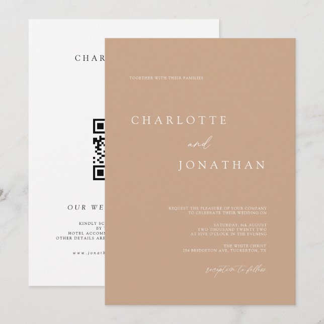 Bohemian Tan Minimalist Desert QR Code Wedding Invitation (Front/Back)