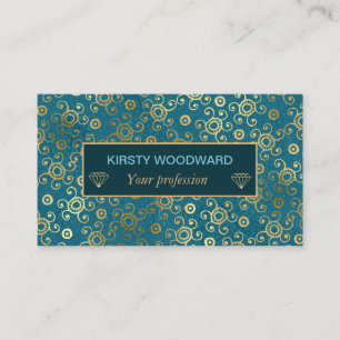 Bohemian Teal and Gold Foil Peacock Pattern Business Card