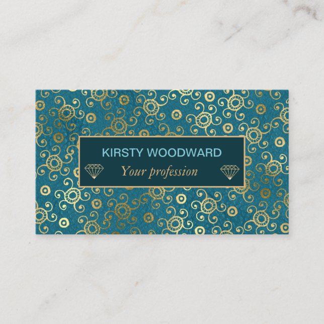 Bohemian Teal and Gold Foil Peacock Pattern Business Card (Front)