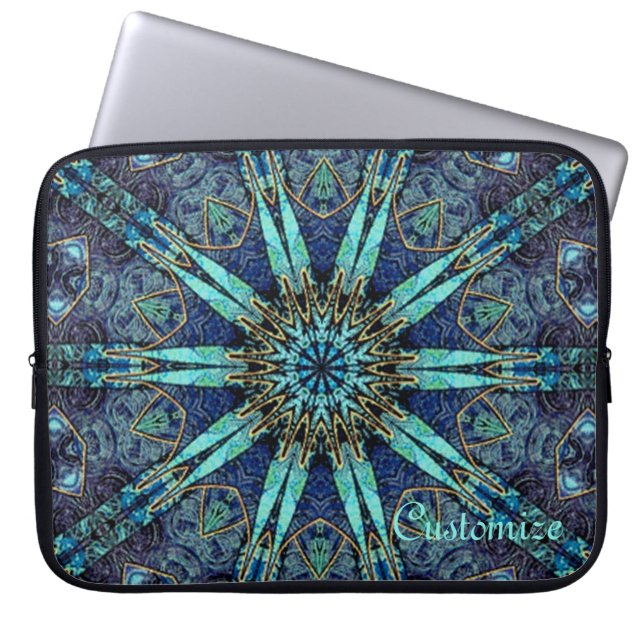 Bohemian Teal Floral Star Pattern Laptop Sleeve (Front)