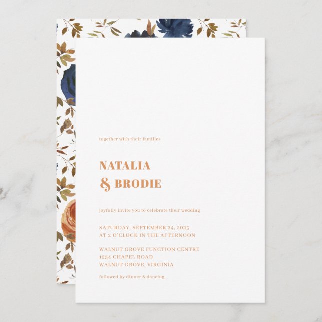 Bohemian Terracotta Blue Floral Wedding Invitation (Front/Back)