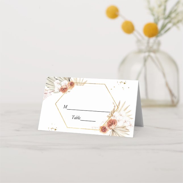 Bohemian Terracotta Dried Palm Leaf & Flowers Place Card (Front)