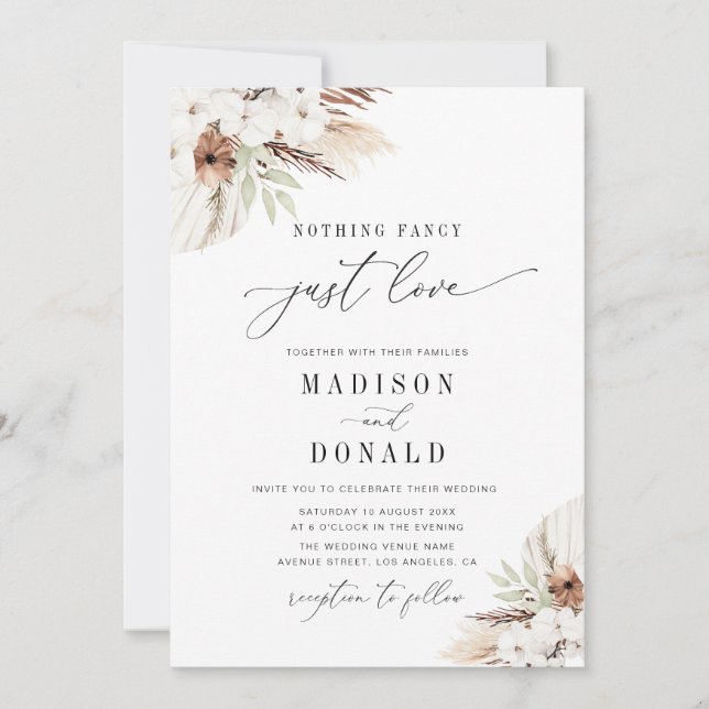 bohemian terracotta pampas grass wedding invitation (Front)