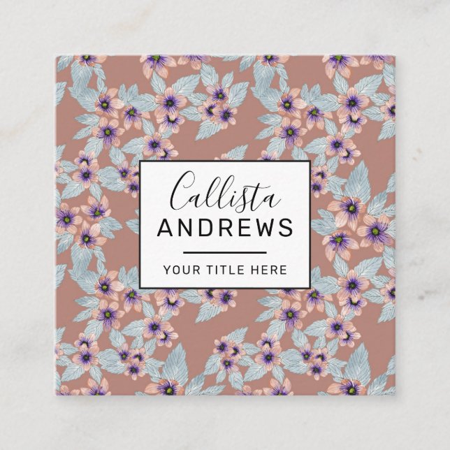 Bohemian Terracotta Pink Flowers Watercolor Square Business Card (Front)