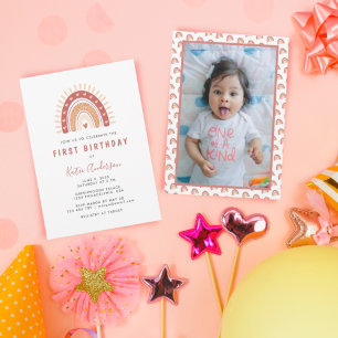 Bohemian Terracotta Rainbow Photo First Birthday Invitation