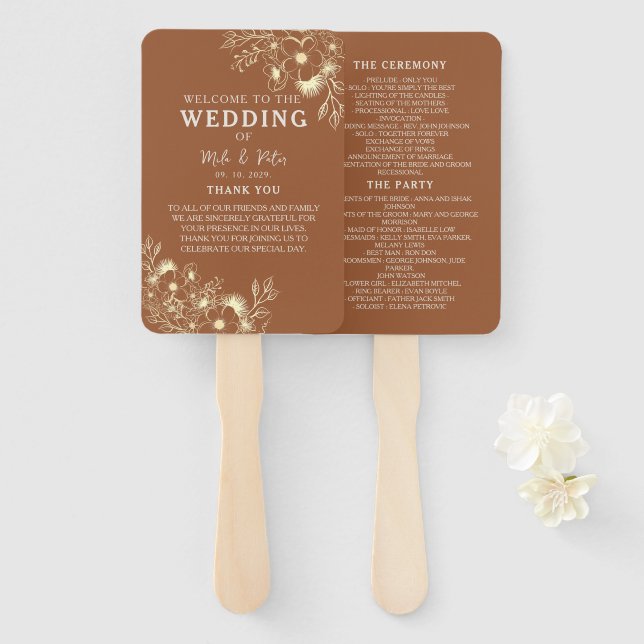 Bohemian Terracotta Wedding Program Hand Fan (Front and Back)