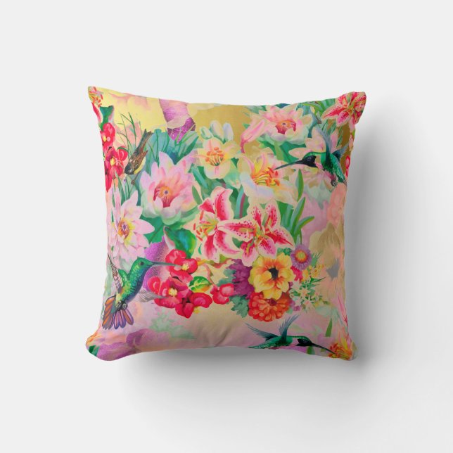 Bohemian Thunder-Bird Tropical Mint Pink  Flowers Cushion (Front)