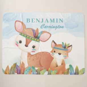Bohemian Tribal Fox and Fawn with Feathers + Name Sherpa Blanket