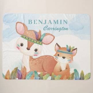 Bohemian Tribal Fox and Fawn with Feathers + Name Sherpa Blanket