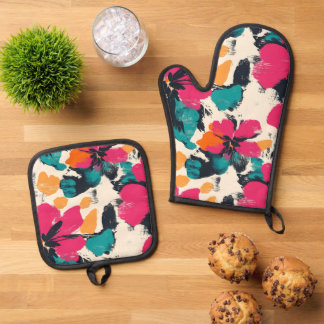 Bohemian Tropical Floral Oven Mitt & Pot Holder Set