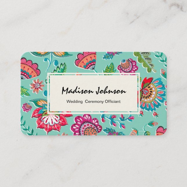Bohemian Turquoise blue floral Folk Flowers Business Card (Front)