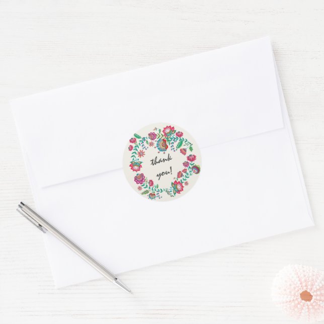 Bohemian turquoise floral flowers wreath thank you classic round sticker (Envelope)