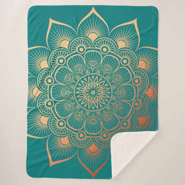 Bohemian Turquoise Peach Mandala Sherpa Blanket (Front)