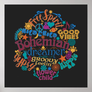 Bohemian Vibes Word Cloud Colourful Typographic  Poster