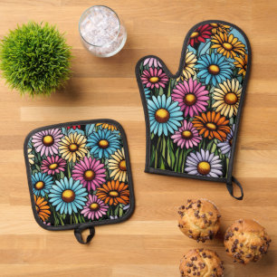 Bohemian Vibrant Daisies - Stained Glass Look Oven Mitt & Pot Holder Set