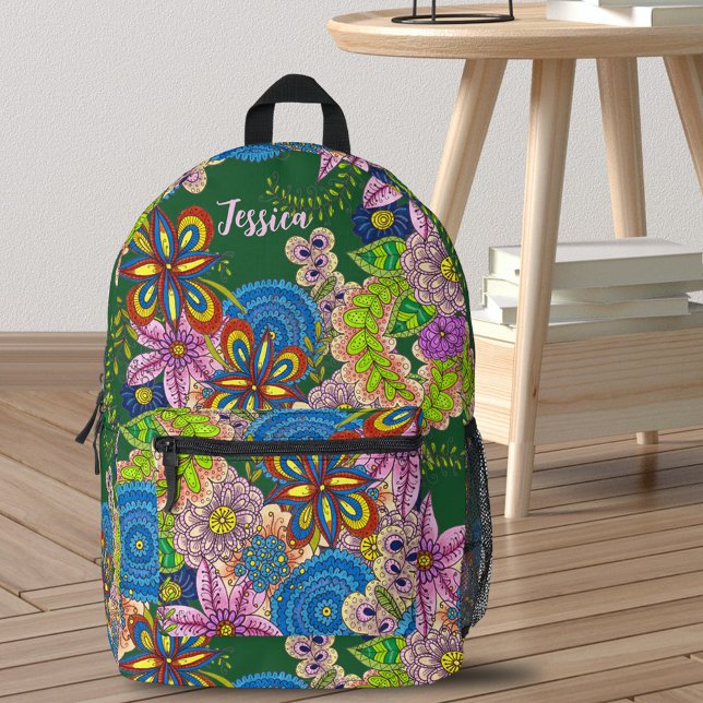 Bohemian Vibrant Folk Art Hand-Drawn Floral Printed Backpack (Creator Uploaded)