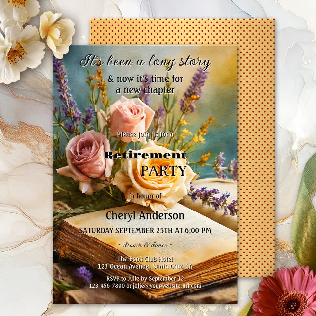 Bohemian Vintage Books Floral Retirement Invitation (Shabby chic or bohemian retirement invitation showing a vintage book with pretty roses and lavender)