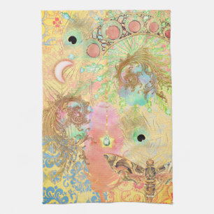 Bohemian vintage damask feather hippie chic pastel tea towel
