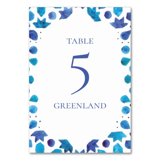 Bohemian Watercolor Blue Tile Table Number (Front)