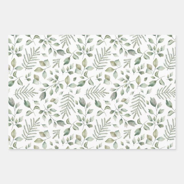 Bohemian Watercolor Eucalyptus and Ferns Pattern Wrapping Paper Sheet (Front)