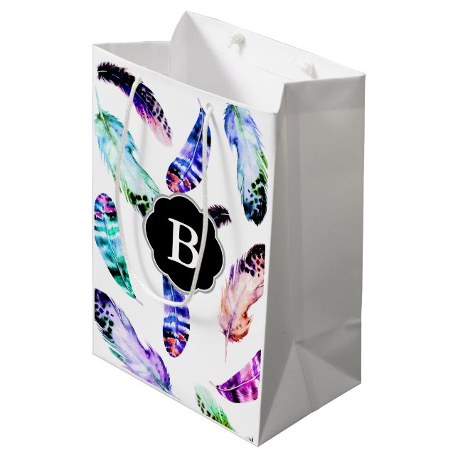 Bohemian Watercolor Feathers & Initial Letter Medium Gift Bag (Front Angled)