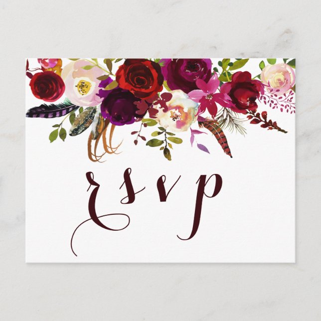 Bohemian Watercolor Floral Autumn Wedding RSVP Invitation Postcard (Front)