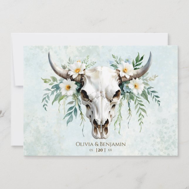 Bohemian Watercolor Floral Cow Skull Wedding Invitation (Front)