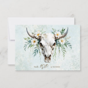 Bohemian Watercolor Floral Cow Skull Wedding RSVP Card