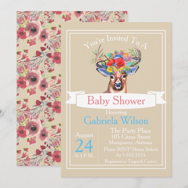 Bohemian Watercolor Floral Deer Girl Baby Shower Invitation (Front/Back)