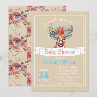 Bohemian Watercolor Floral Deer Girl Baby Shower Invitation