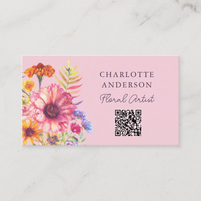 Bohemian Watercolor Florals qr code Business Card (Front)
