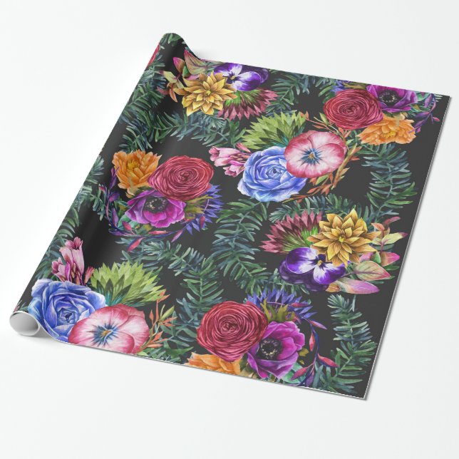 Bohemian Watercolor Flowers and Tropical Leaves Wrapping Paper (Unrolled)