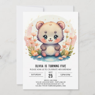 Bohemian Watercolor Forest Bear Girl Birthday Invitation