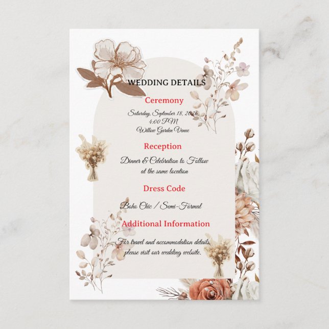 Bohemian Wedding Information Card (Front)