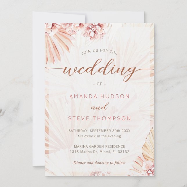 Bohemian Wedding Pampas Grass Boho Themed Floral  Invitation (Front)