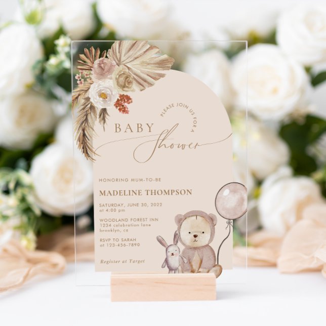 Bohemian Whimsical Script Bear Pampas Baby Shower Acrylic Invitations (Creator Uploaded)