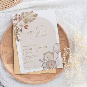Bohemian Whimsical Script Bear Pampas Baby Shower Invitation